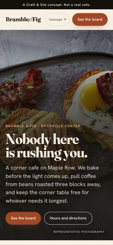 The same Bramble & Fig concept on a phone, with the menu and hours stacked for a small screen.