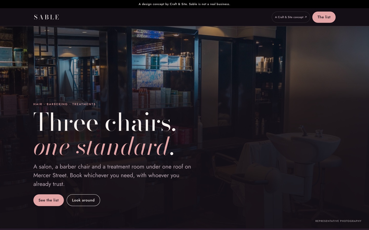 The Sable concept, a salon, barbershop and treatment room site on a near black ground.